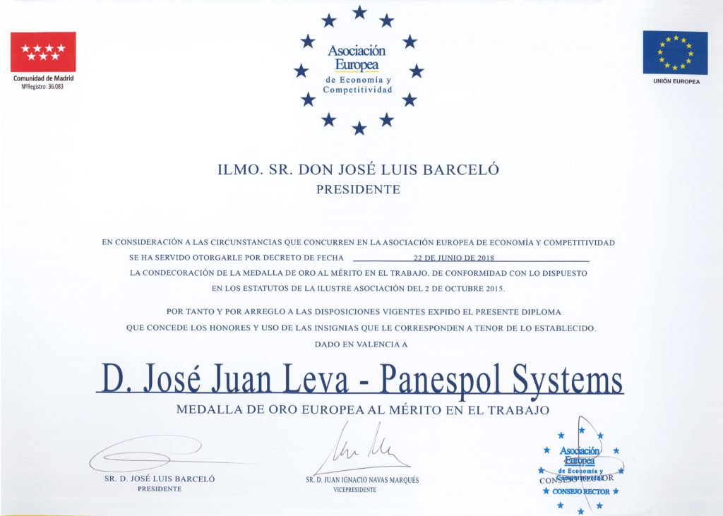 Panespol Systems reçoit la médaille d’or européenne du mérite au travail